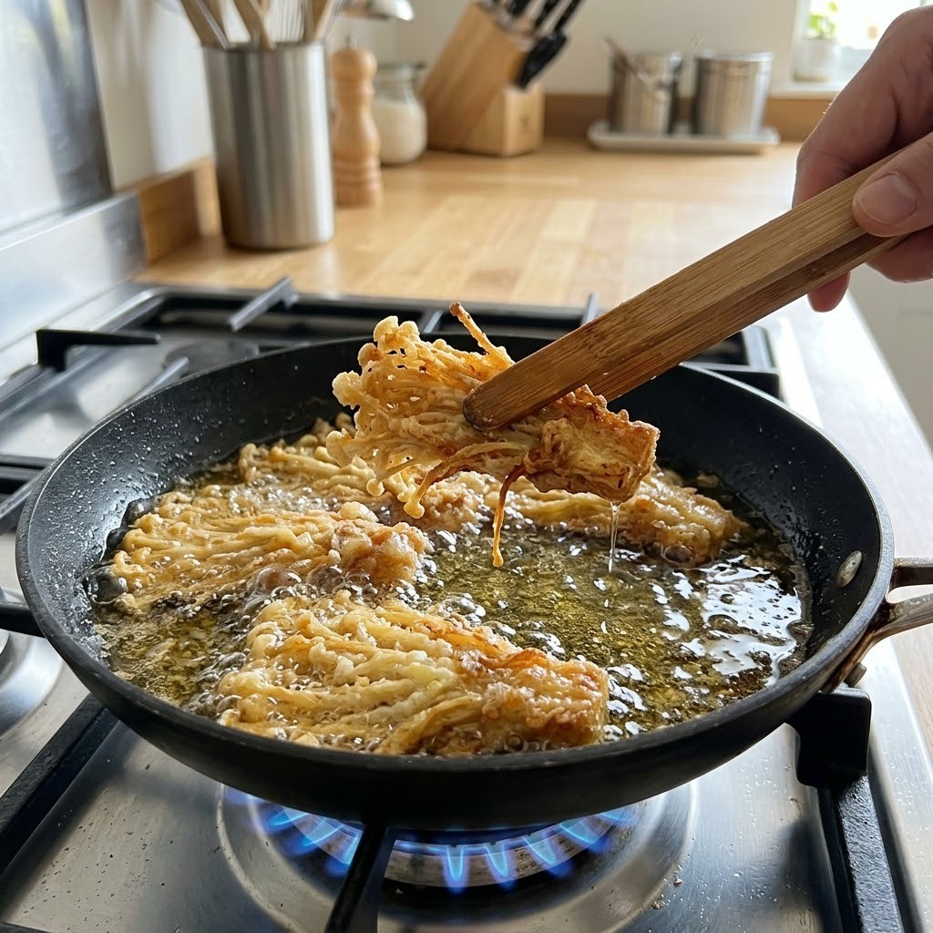 전분가루를 묻힌 팽이버섯을 기름에 노릇하고 바삭하게 튀겨내는 팽이치킨 2단계