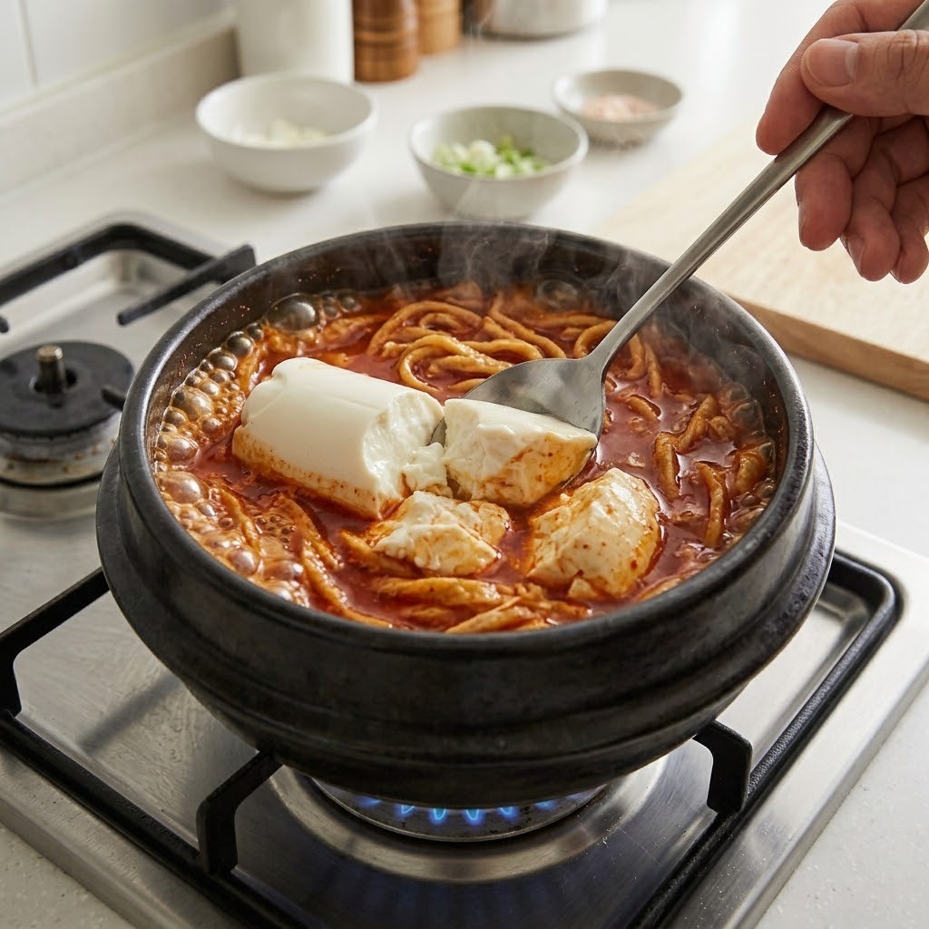 뚝배기에 육수 붓고 순두부 넣기, 어묵폭탄 순두부찌개 만들기 4단계