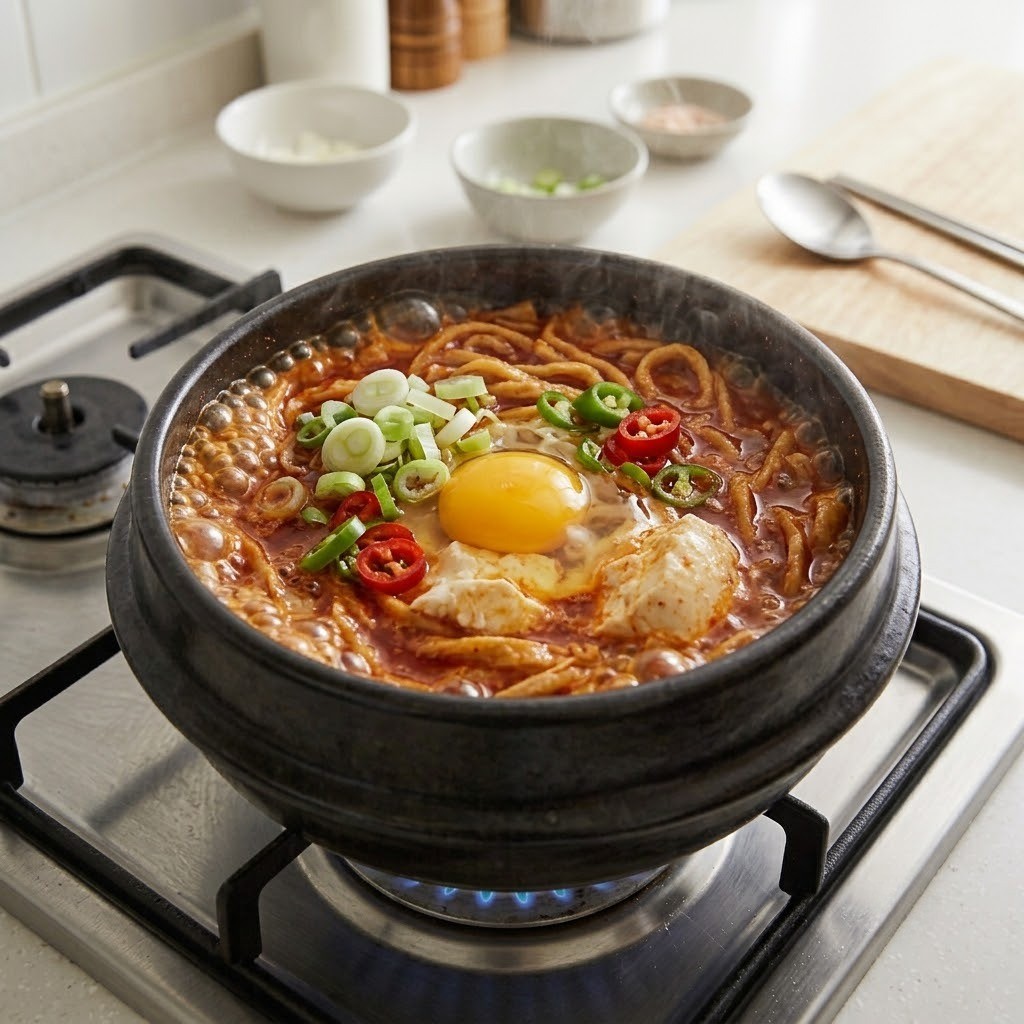 청양고추와 달걀 넣고 끓여내기, 어묵폭탄 순두부찌개 완성 5단계