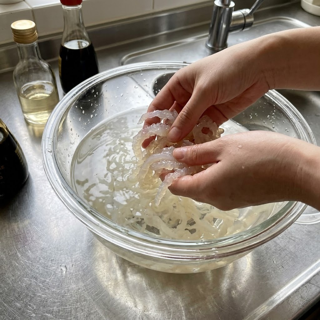 해파리 염분 빼기 및 밑간하기, 편스토랑 오윤아 초계 냉채 메밀면 1단계