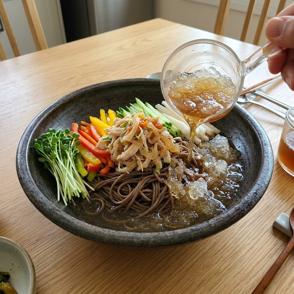 메밀면을 삶아 차갑게 헹구고 냉채 고명과 메밀육수 부어 완성하기, 편스토랑 오윤아 초계 냉채 메밀면 6단계
