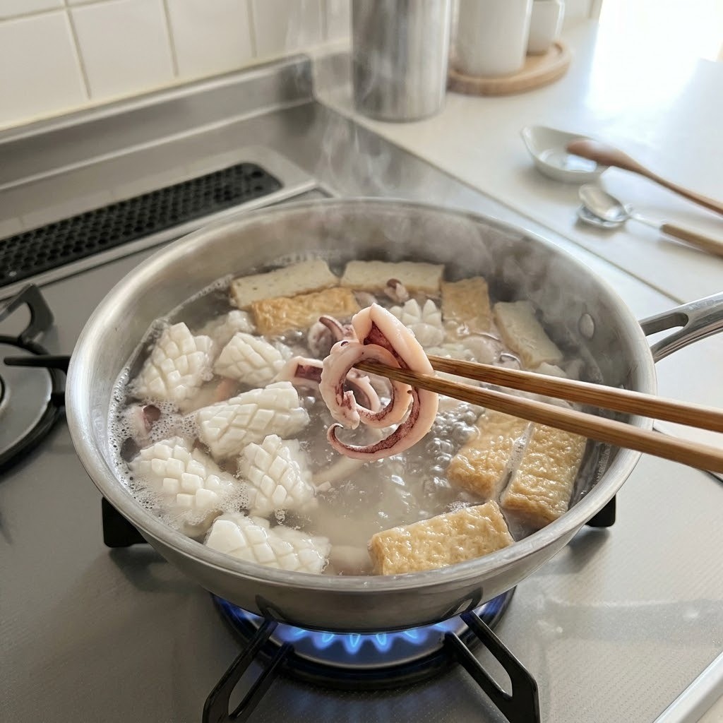 오징어와 어묵 먹기 좋게 썰어 2분간 데치기, 편스토랑 이찬원 레시피 1단계