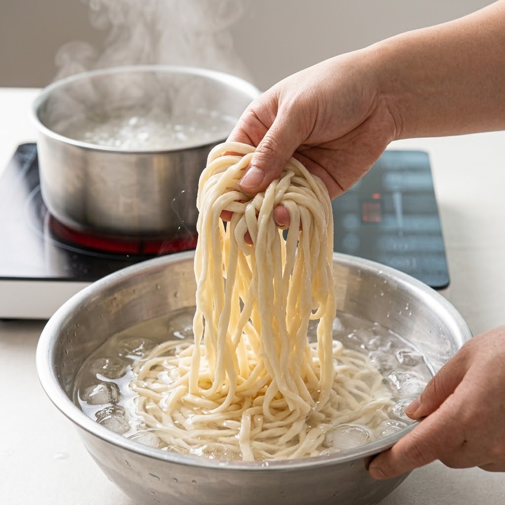 칼국수 면 삶아 얼음물에 헹구기, 골뱅이 냉칼국수 만들기 4단계