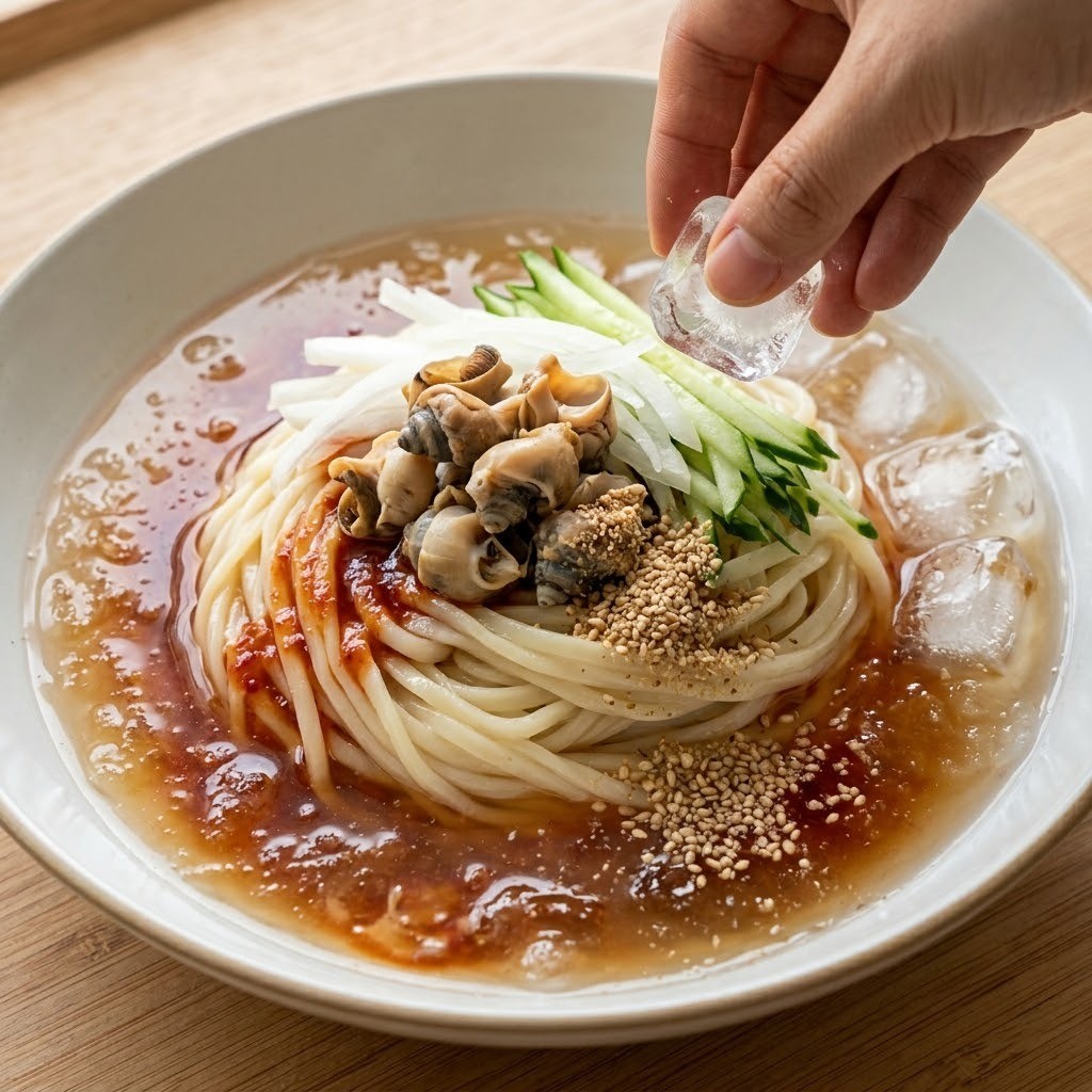 골뱅이와 채소 토핑 올린 골뱅이 냉칼국수 완성, 활용 5단계