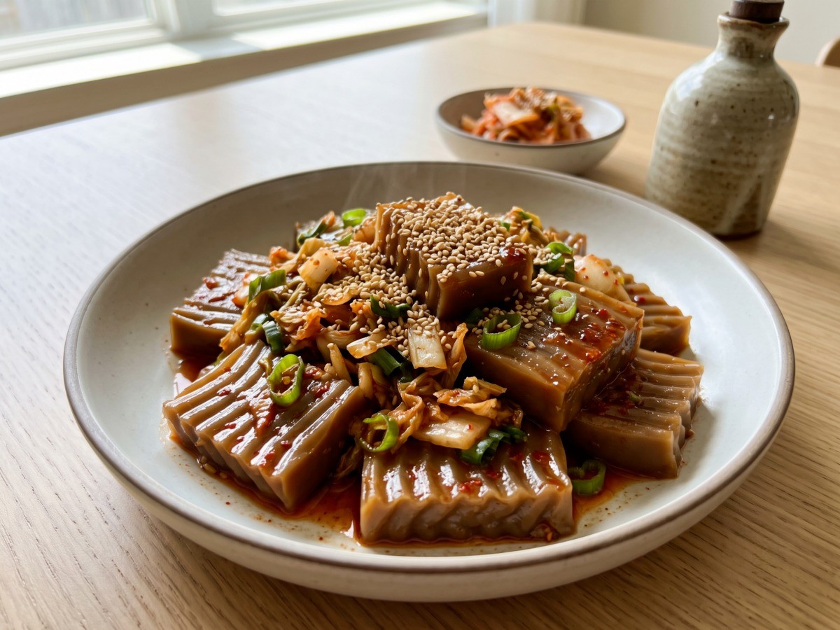 김치 도토리묵 무침 완성 요리, 편스토랑 이찬원 레시피