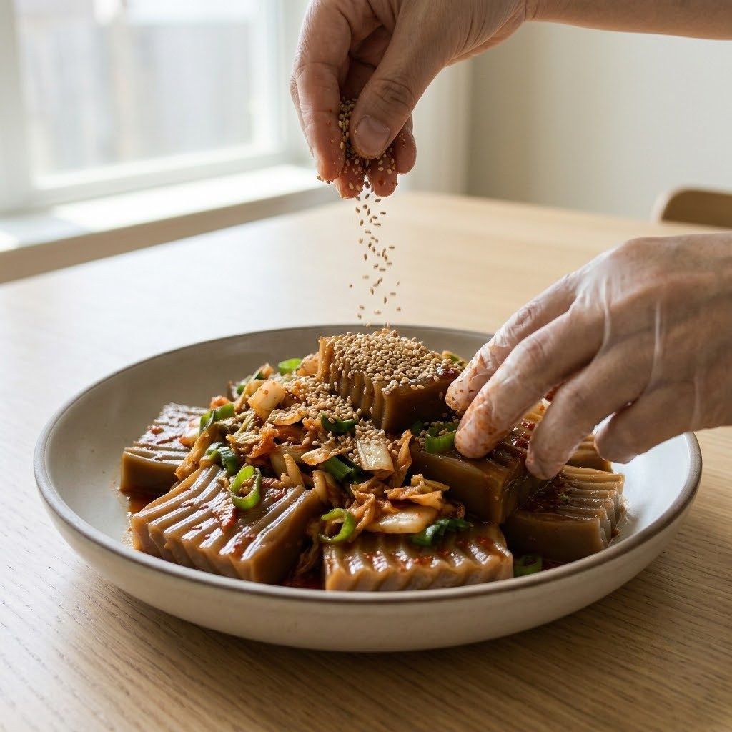 완성된 김치 도토리묵 무침 그릇에 정갈하게 담기, 편스토랑 이찬원 레시피