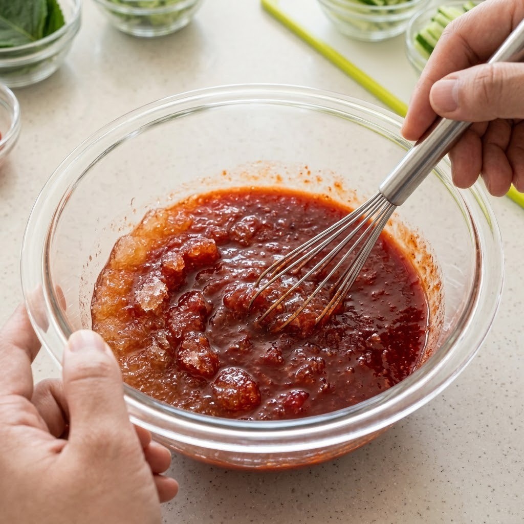 과일 비빔장과 살얼음 냉면 육수 섞기, 산더미 차돌 비빔면 4단계