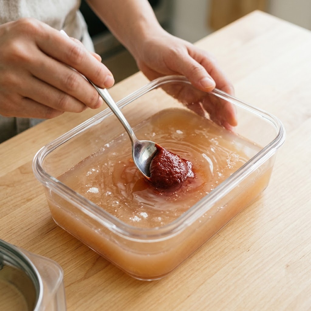 갈아 만든 배와 고추장 식초 설탕을 용기에 담아 고루 섞는 모습