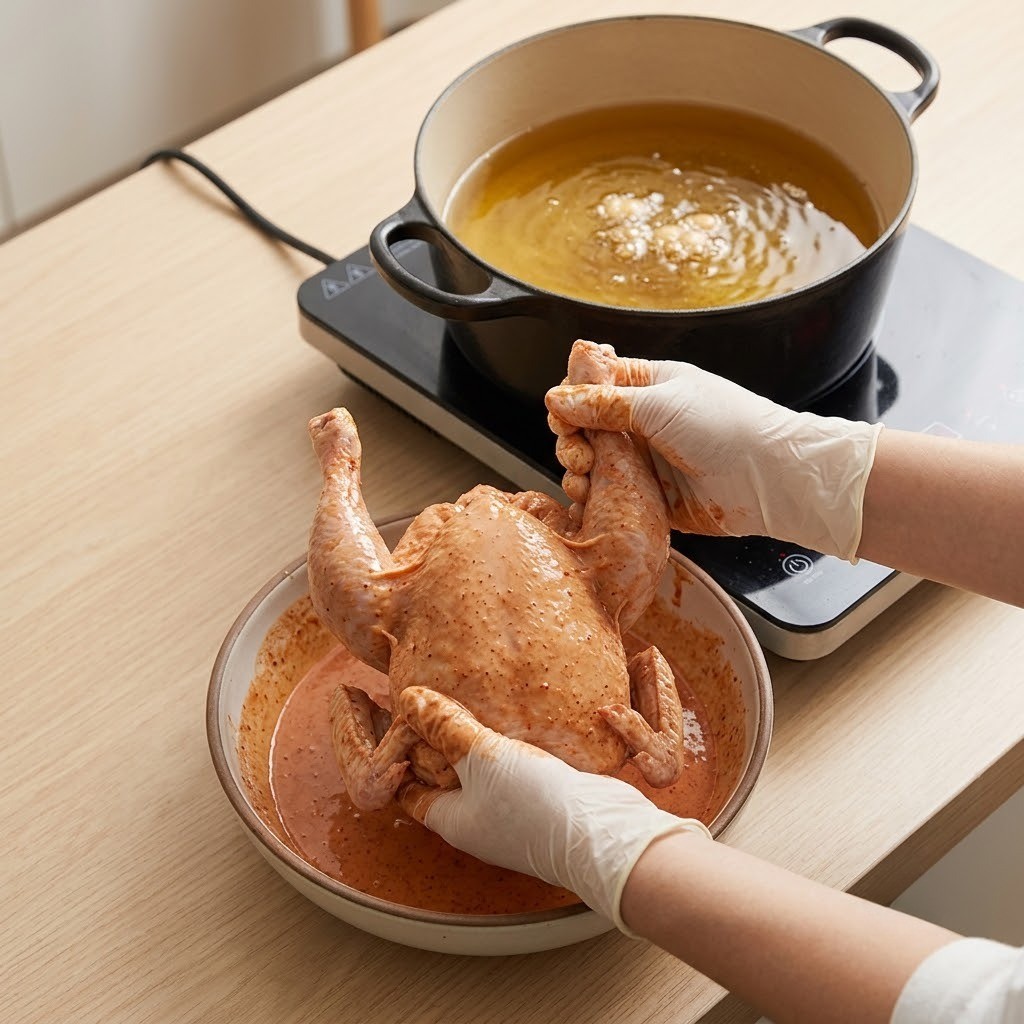 마라 마늘 통닭 손질된 닭에 마라 튀김 반죽 옷 꼼꼼히 입히기