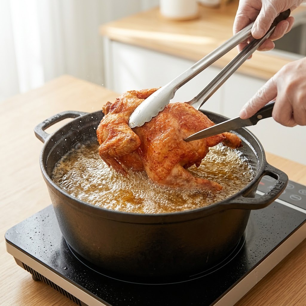 마라 마늘 통닭 달궈진 기름솥에 닭을 넣어 노릇하게 튀기기