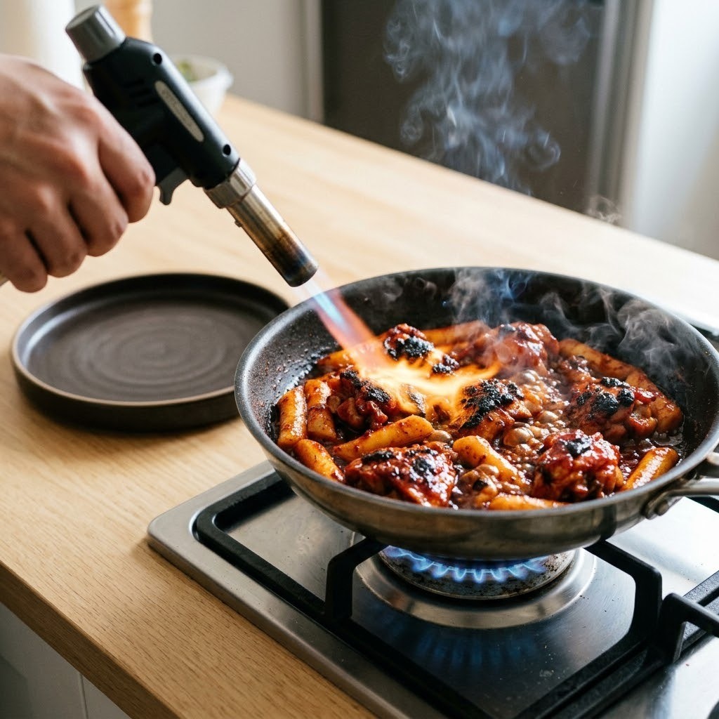 토치 불맛 직화 입히기 및 통깨 장식 완성, 매콤숯불치킨 만들기 5단계