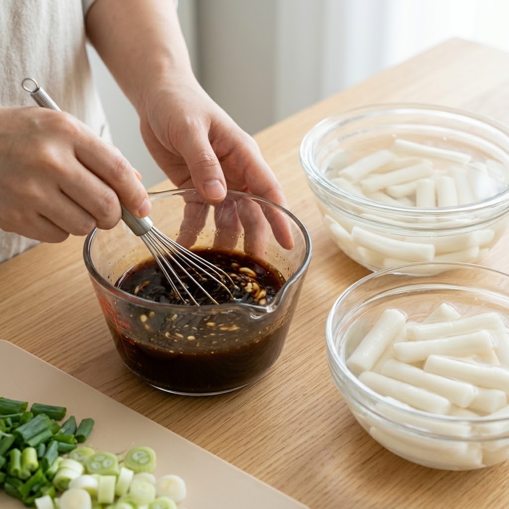 간장숯불치킨 떡 찬물 불리기 및 특제 양념장 배합