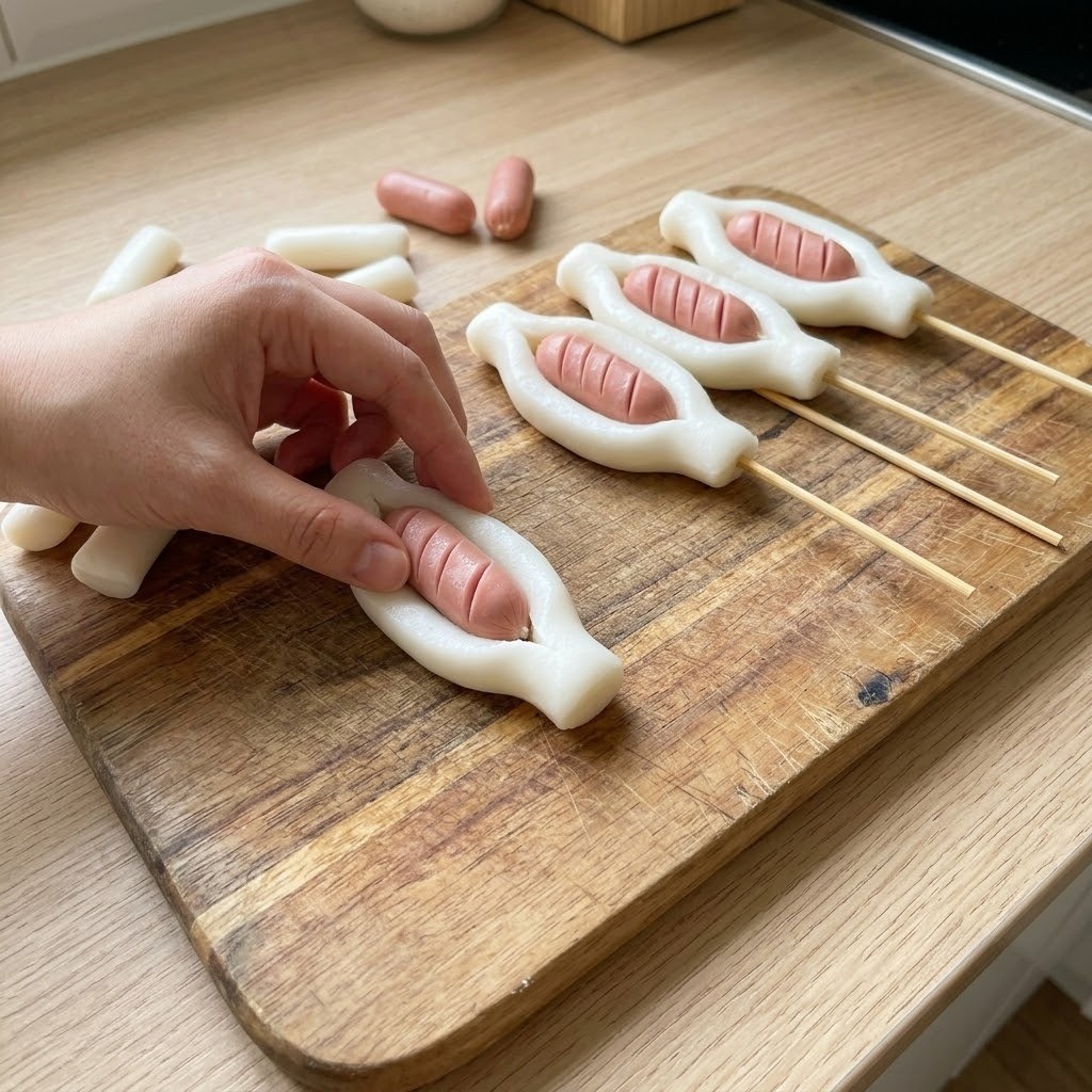 떡볶이떡에 비엔나소시지를 끼워 우주선 꼬치 만들기