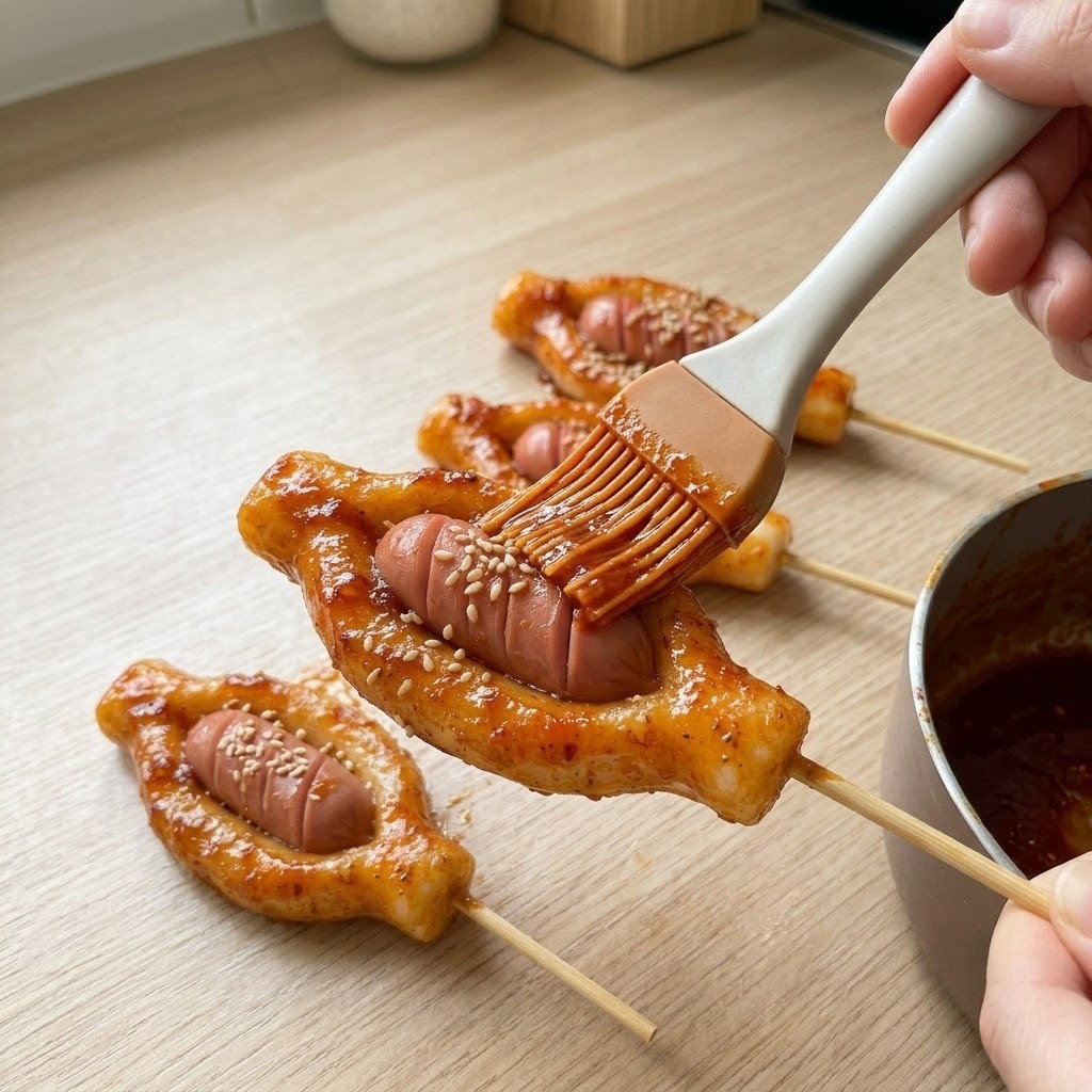 팬에 졸인 양념 소스를 바삭한 떡꼬치에 골고루 바르기