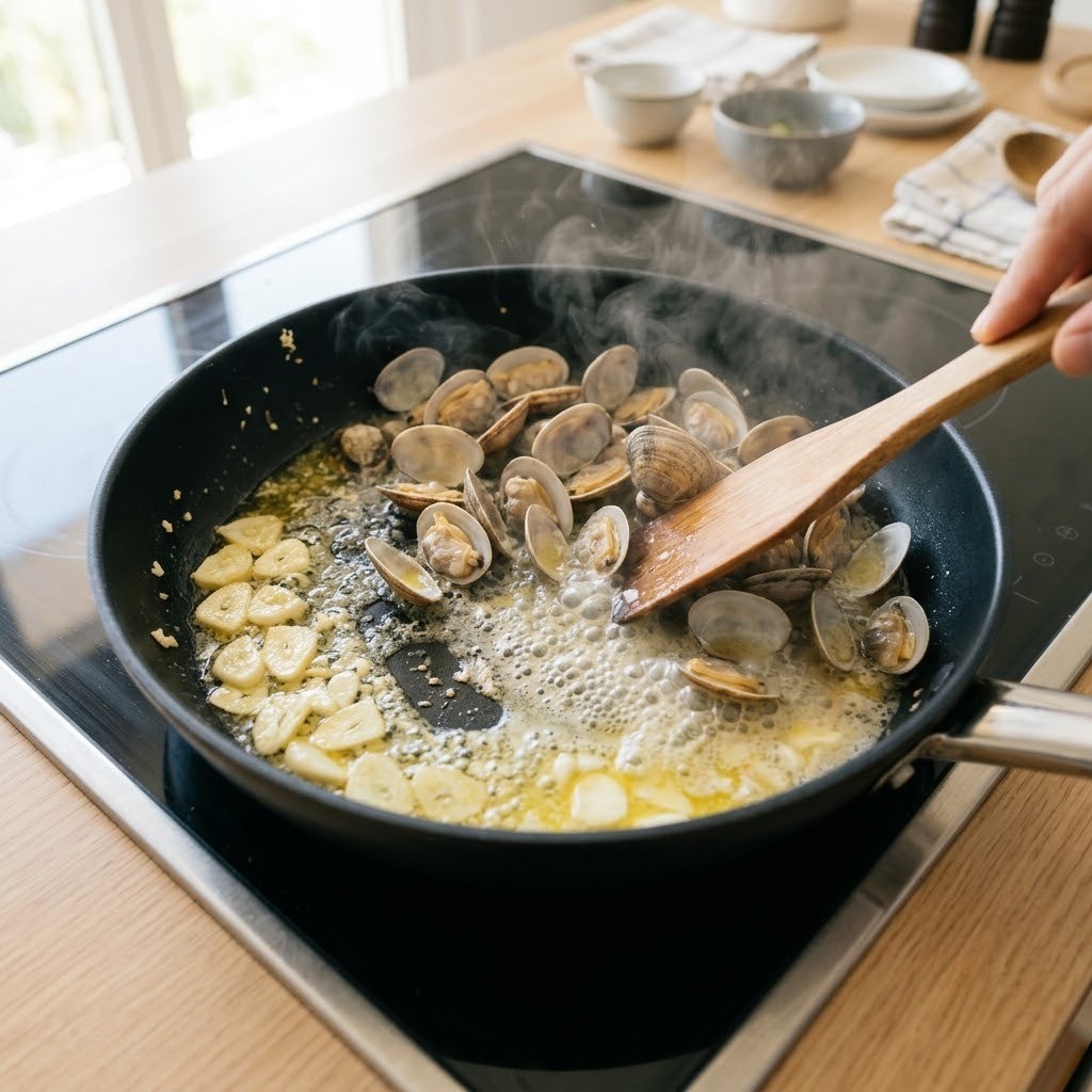 우유 버터 봉골레 팬에 버터와 편마늘 볶고 바지락 익혀내기