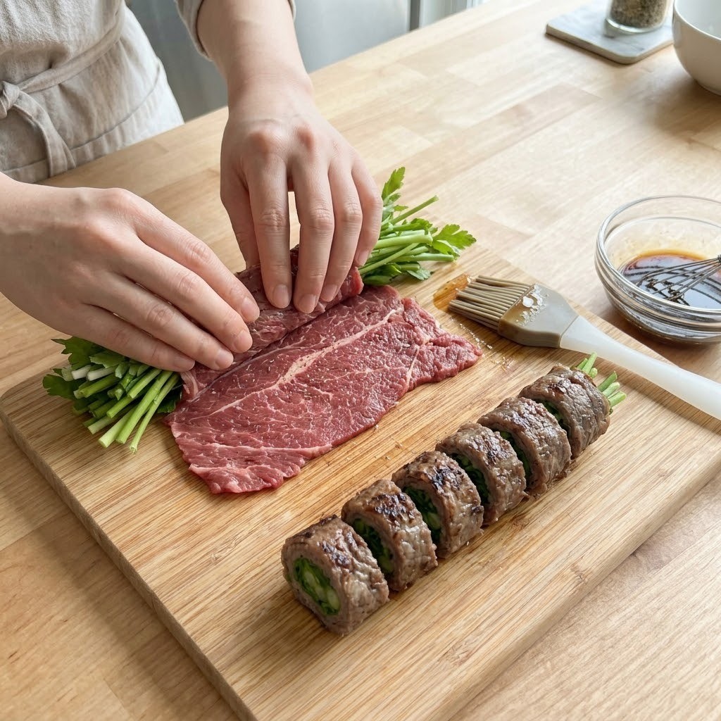 미나리 소고기 말이 소고기 밑간 후 미나리와 쪽파를 넣고 말기