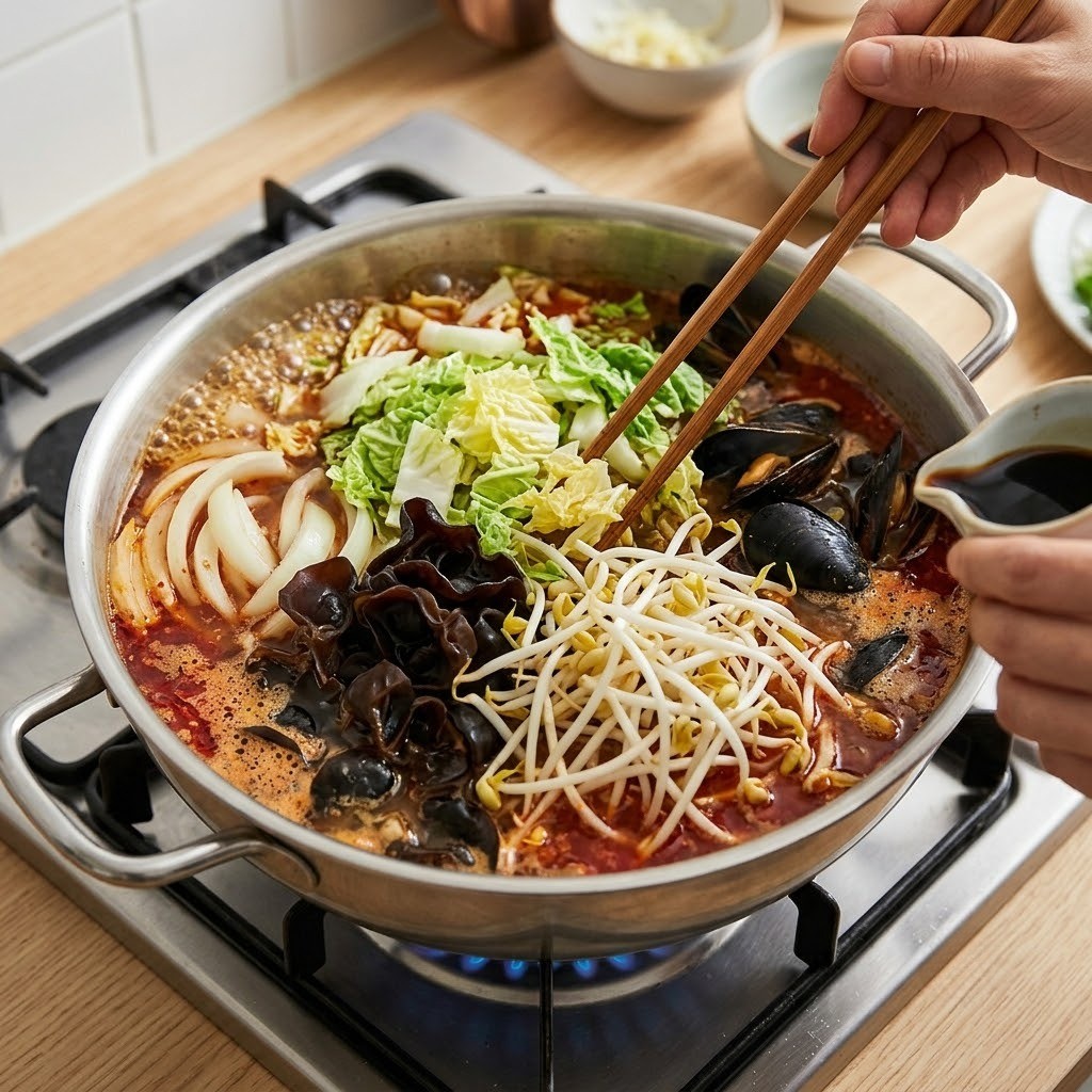 채소와 홍합, 목이버섯을 넣고 간 맞춰 끓여내기, 짬뽕탕 만들기 4단계