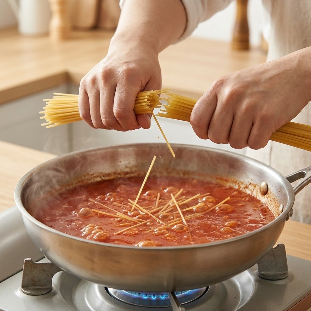 절반으로 부러뜨린 파스타면을 끓는 짬뽕 토마토 국물에 넣어 익히기