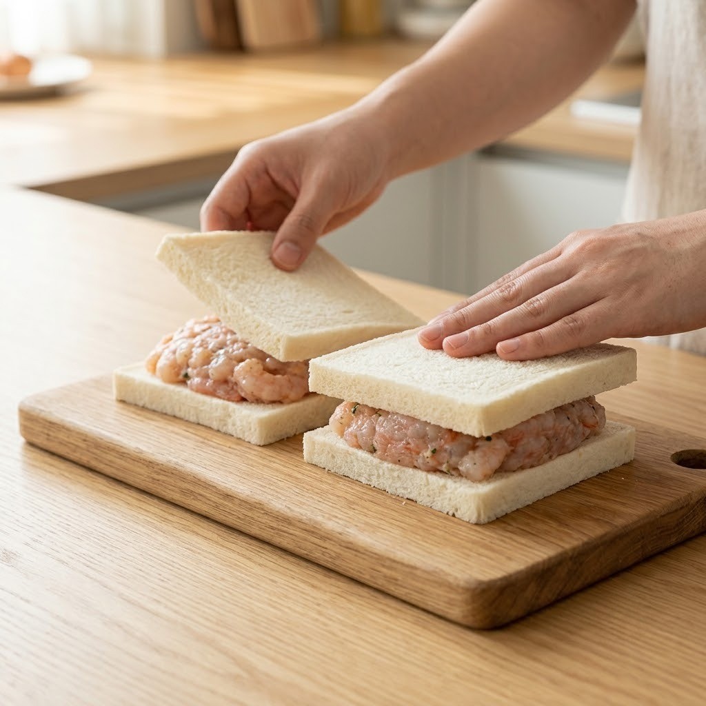 왕보샤 샌드위치 식빵 사이에 두툼한 새우 반죽 올리고 덮기