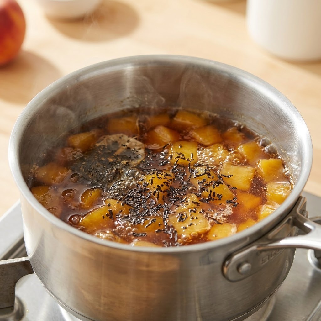 얼그레이 피치 라떼 끓는 시럽에 찻잎 가루를 넣고 졸이는 모습