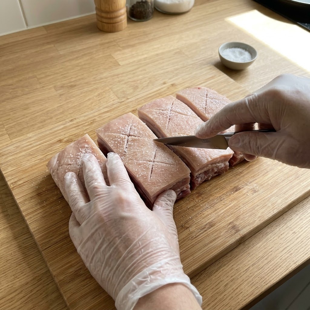 통삼겹살 칼집 넣기와 소금 밑간 손질, 냄비 바베큐 1단계