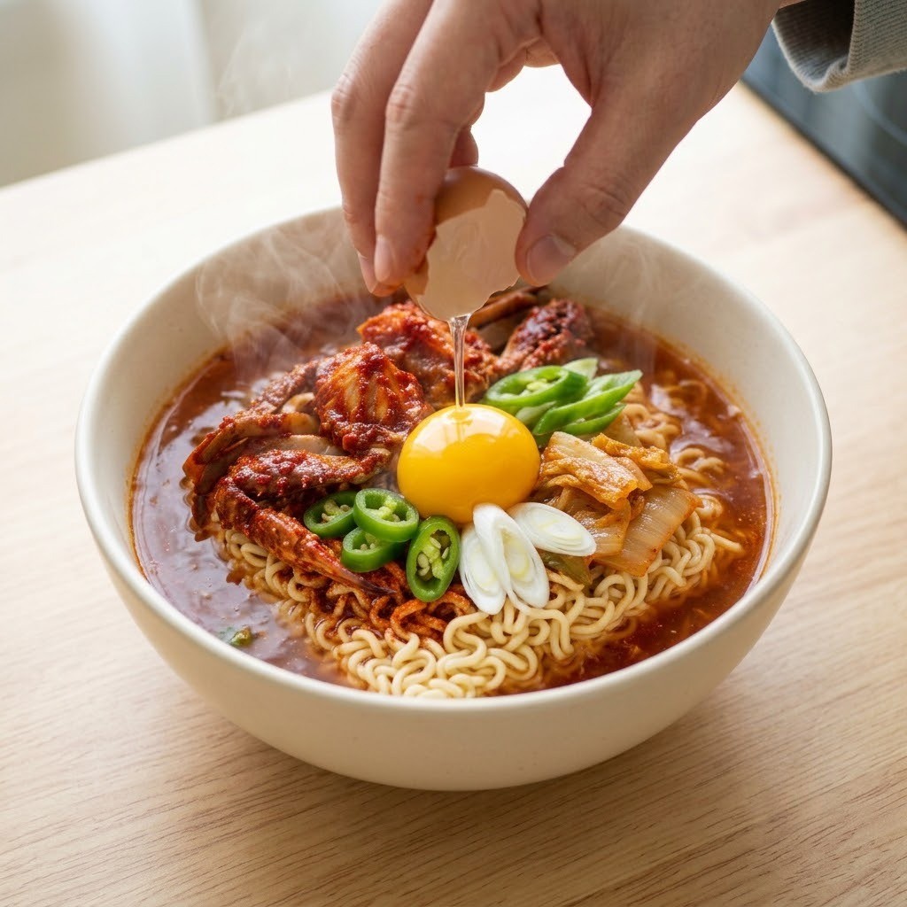 양념게장 라면 조리 직후 신선한 날달걀 노른자 올려 완성하기