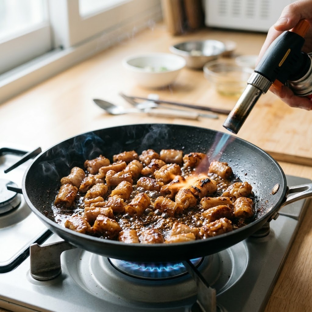 프라이팬에 양념장을 덧바르며 구운 소곱창을 토치로 그을려 강한 불맛을 입히는 장면