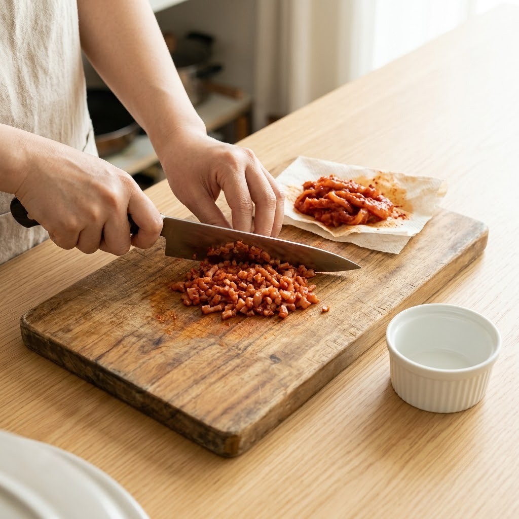 창난젓 크림치즈 카나페 만들기, 창난젓을 도마 위에서 잘게 다지는 모습