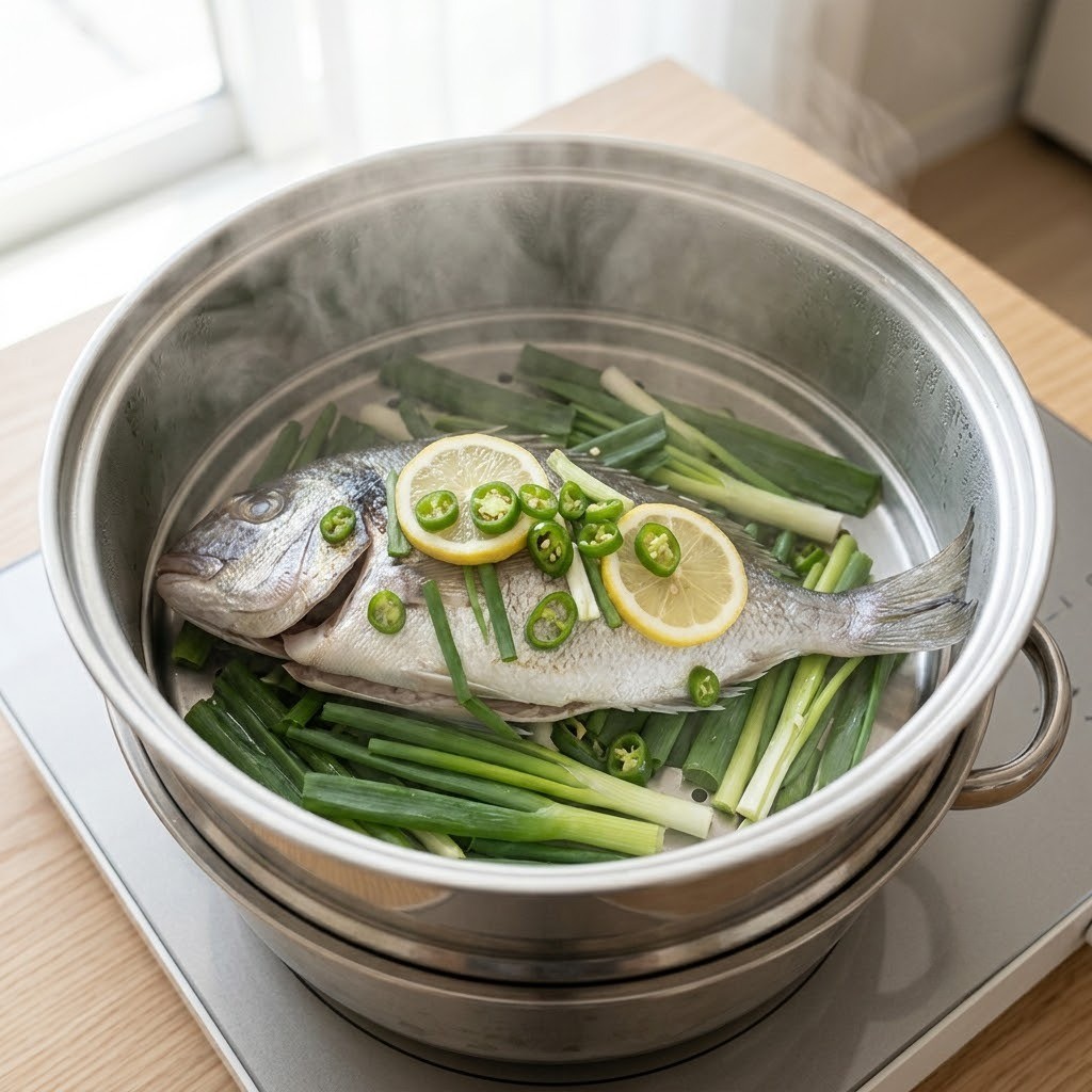 반건조 도미찜 향신 채소 올리고 찜기에서 30분 찌기