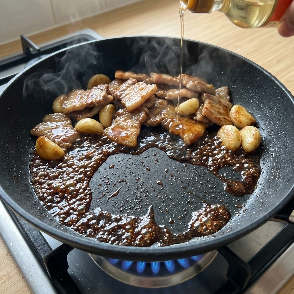 마늘 카레 팬 가장자리에 간장 눌려 볶고 미림 넣기