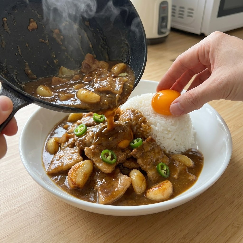마늘 카레 개어둔 카레 부어 뜸 들이고 밥 위에 얹기