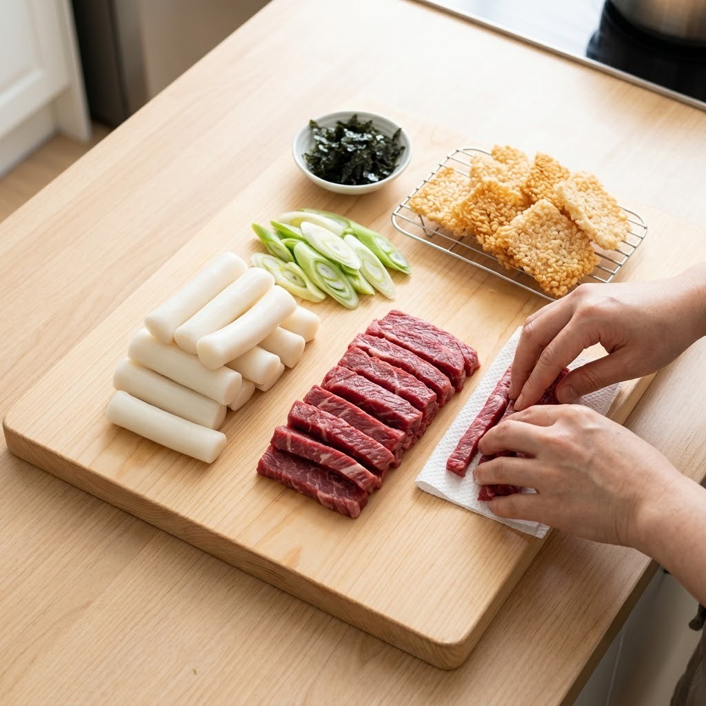 오! 이모 떡볶이 주재료 손질과 누룽지 바삭하게 튀기기