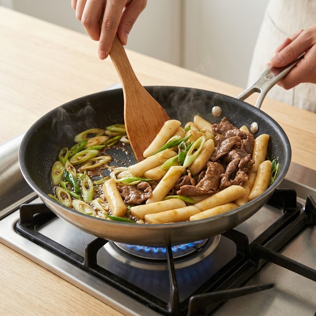 오! 이모 떡볶이 대파와 쫄깃한 가래떡 양념 볶음 조리