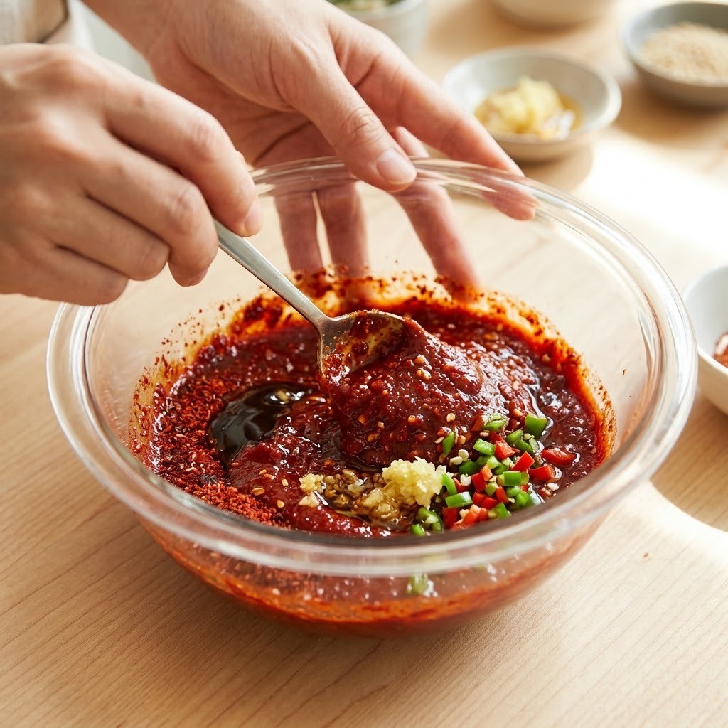 다진 마늘과 고추에 고추장 양념 재료를 섞어 만드는 막창볶음 양념장