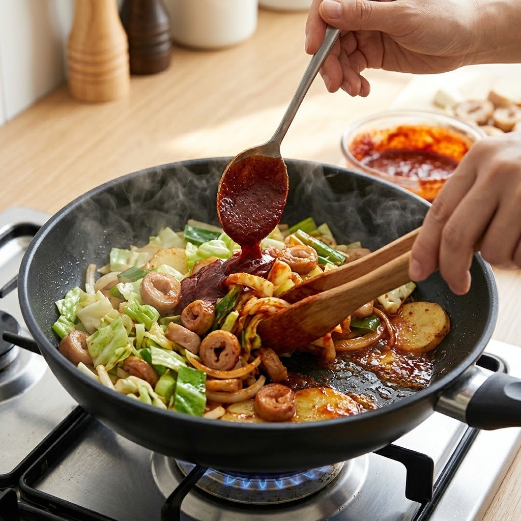 채소와 붉은 양념장을 넣고 팬에서 함께 볶아내는 막창볶음