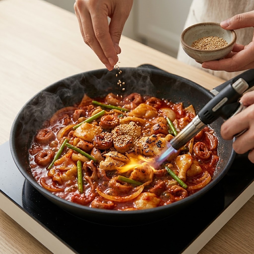 마라 소스 양념에 볶은 막창 토치로 불맛 입히기