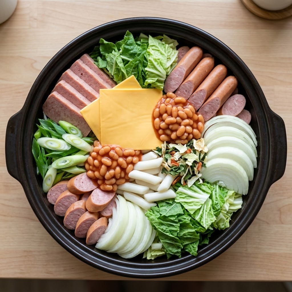 전골냄비에 손질한 햄 소시지 채소와 치즈 떡 담기