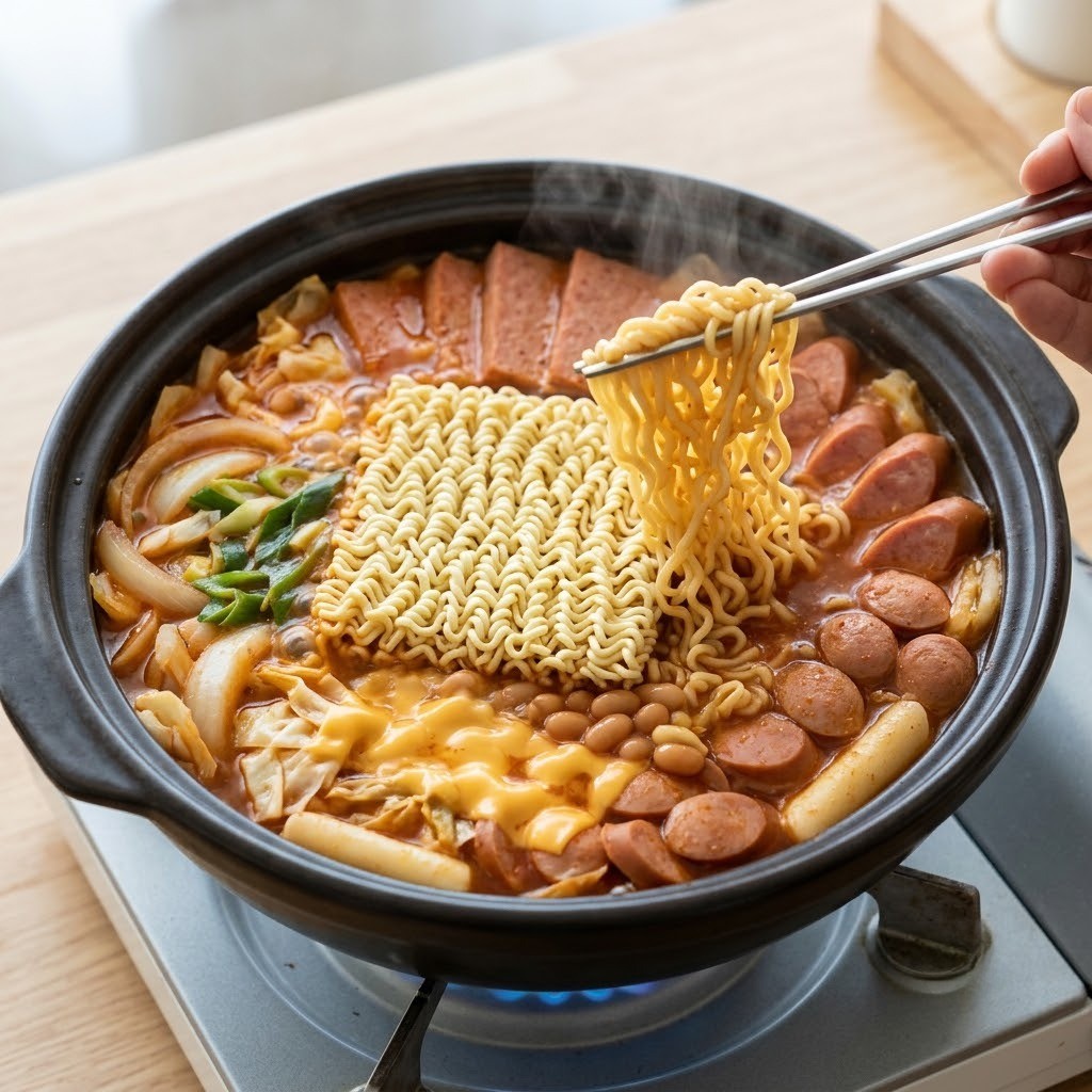 진한 부대찌개 국물에 사리곰탕 라면 사리 넣고 끓이기