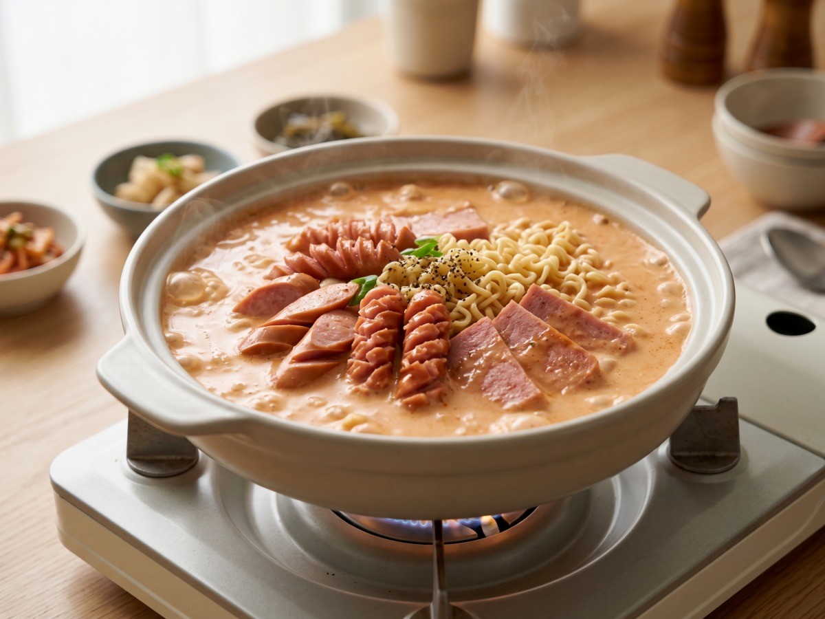 부드러운 크림과 햄이 어우러진 로제 부대찌개 완성 요리, 편스토랑 류수영 레시피