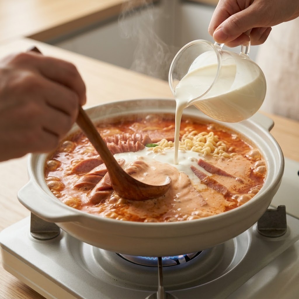 로제 부대찌개 생크림과 양념장 넣고 끓이기, 1단계