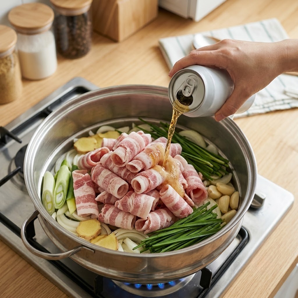 황제대패수육 찜기에 대패삼겹살을 올리고 맥주 붓는 조리 과정