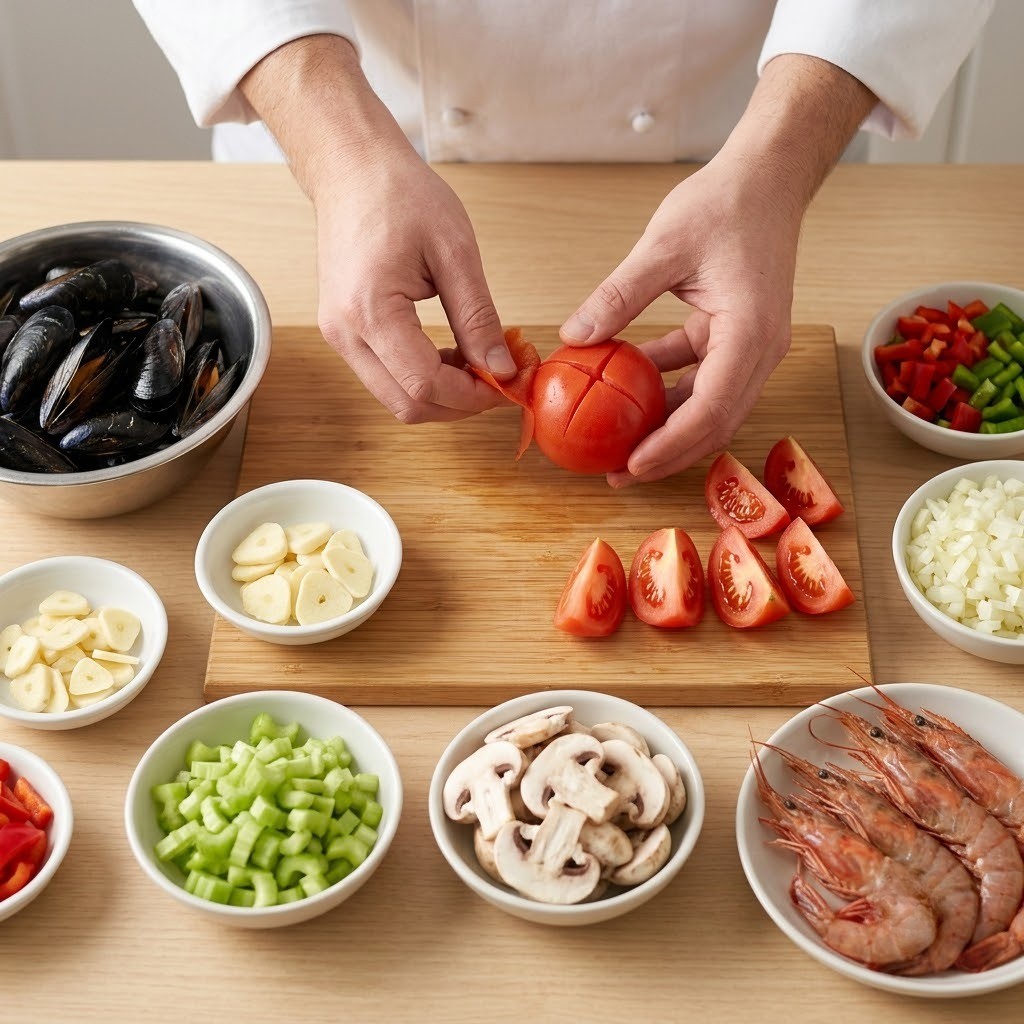 얼큰명란토마토탕 해물 세척과 채소 및 토마토 손질하기
