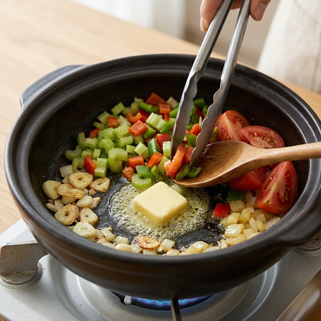 얼큰명란토마토탕 버터에 향채소와 손질한 토마토 볶기