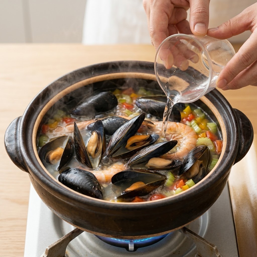 얼큰명란토마토탕 홍합과 화이트 와인 및 새우 넣고 끓이기