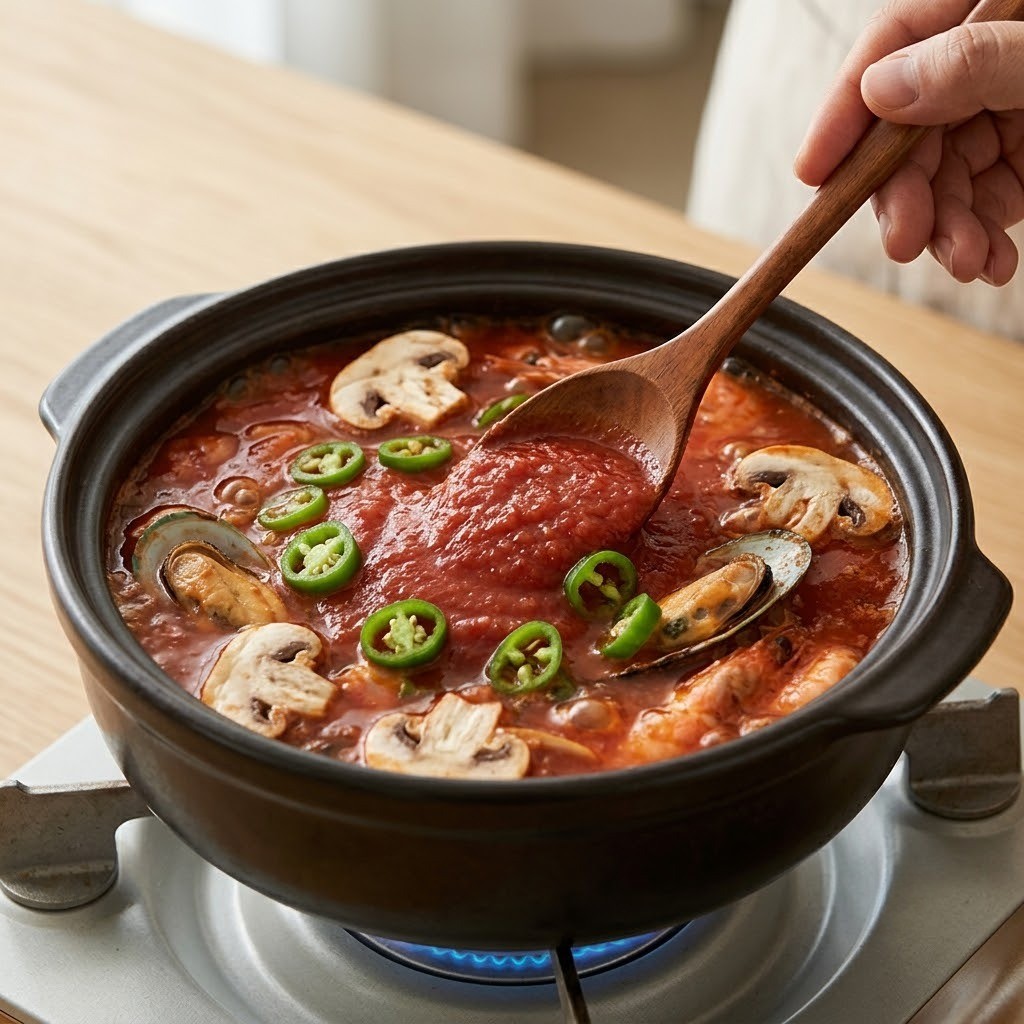 얼큰명란토마토탕 토마토소스와 치킨스톡 및 청양고추 넣기