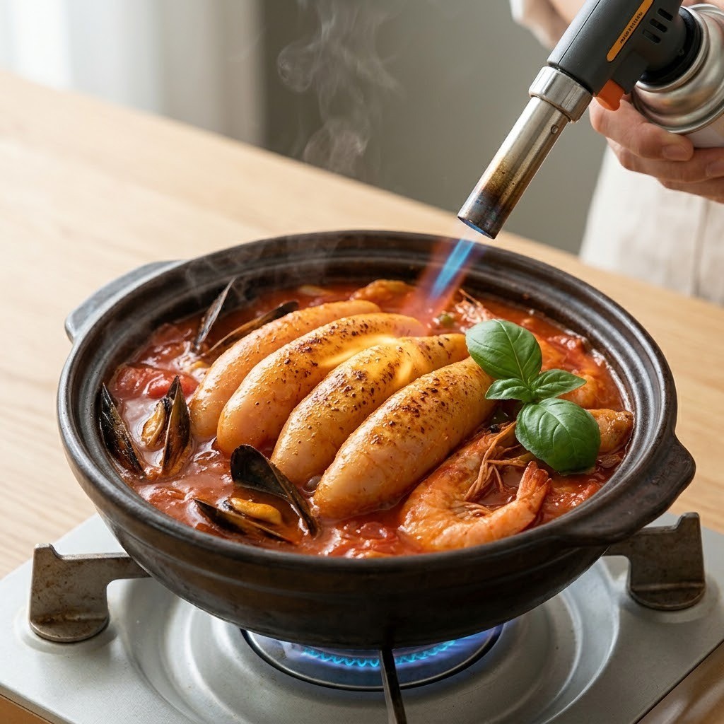 얼큰명란토마토탕 백명란젓 올리고 토치로 그을려 완성하기