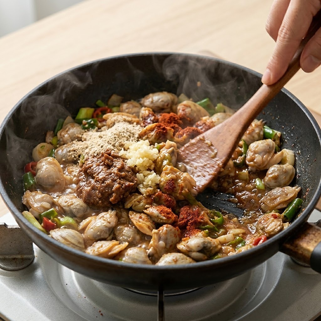 바지락 된장 조리 바지락살과 된장 양념 넣고 빠르게 볶기