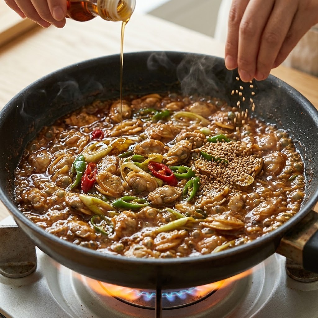바지락 된장 마무리 강불에서 졸이고 참기름 통깨 뿌리기