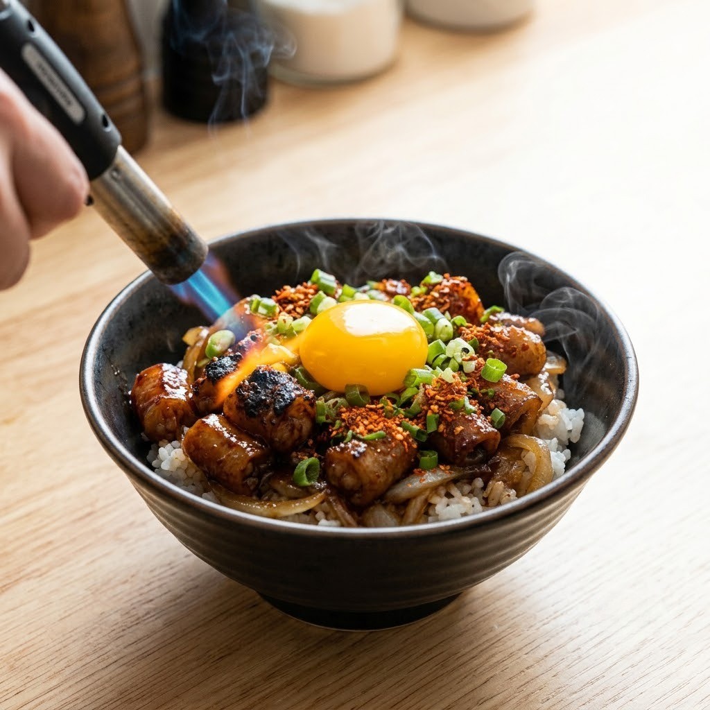 밥 위에 대창과 쪽파를 얹고 토치로 불맛을 입힌 뒤 달걀노른자를 올리는 플레이팅