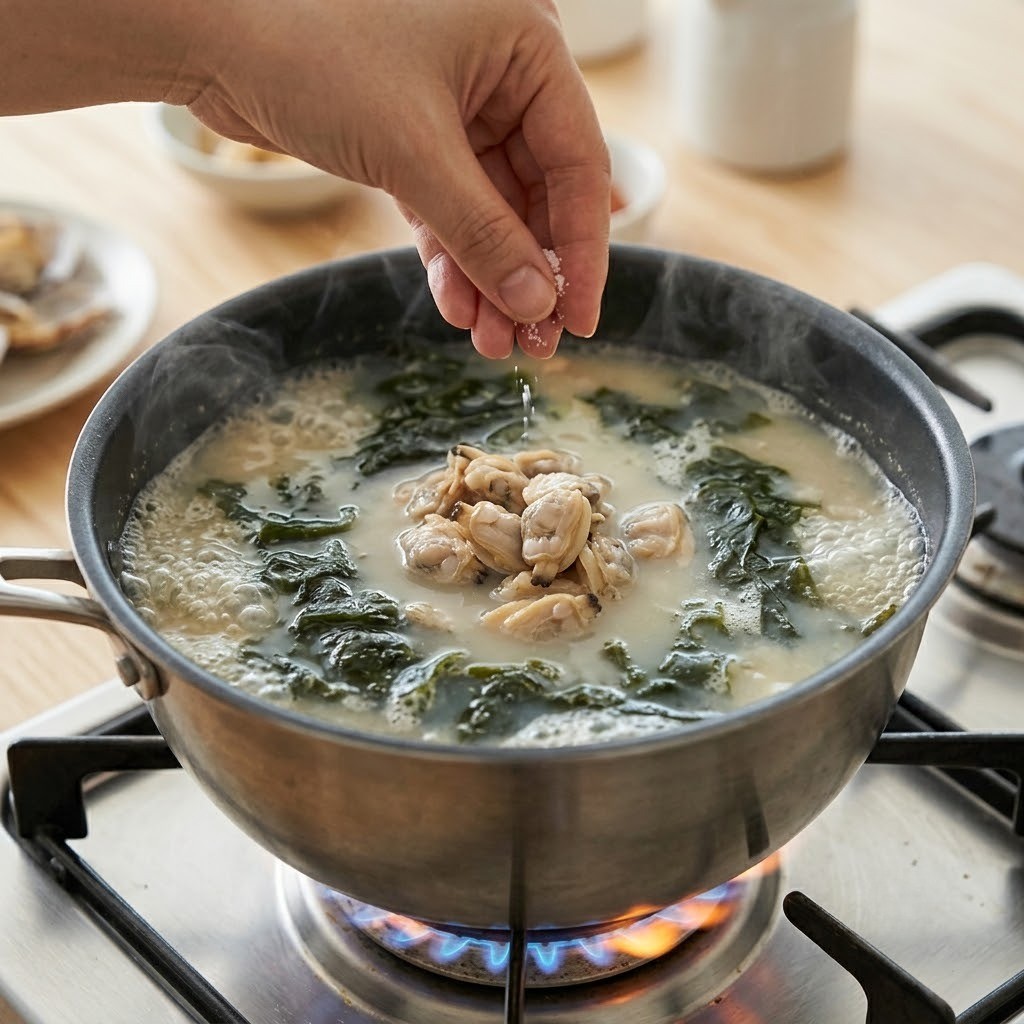 백합 육수 붓고 끓여 맛소금과 조갯살로 백합 미역국 완성